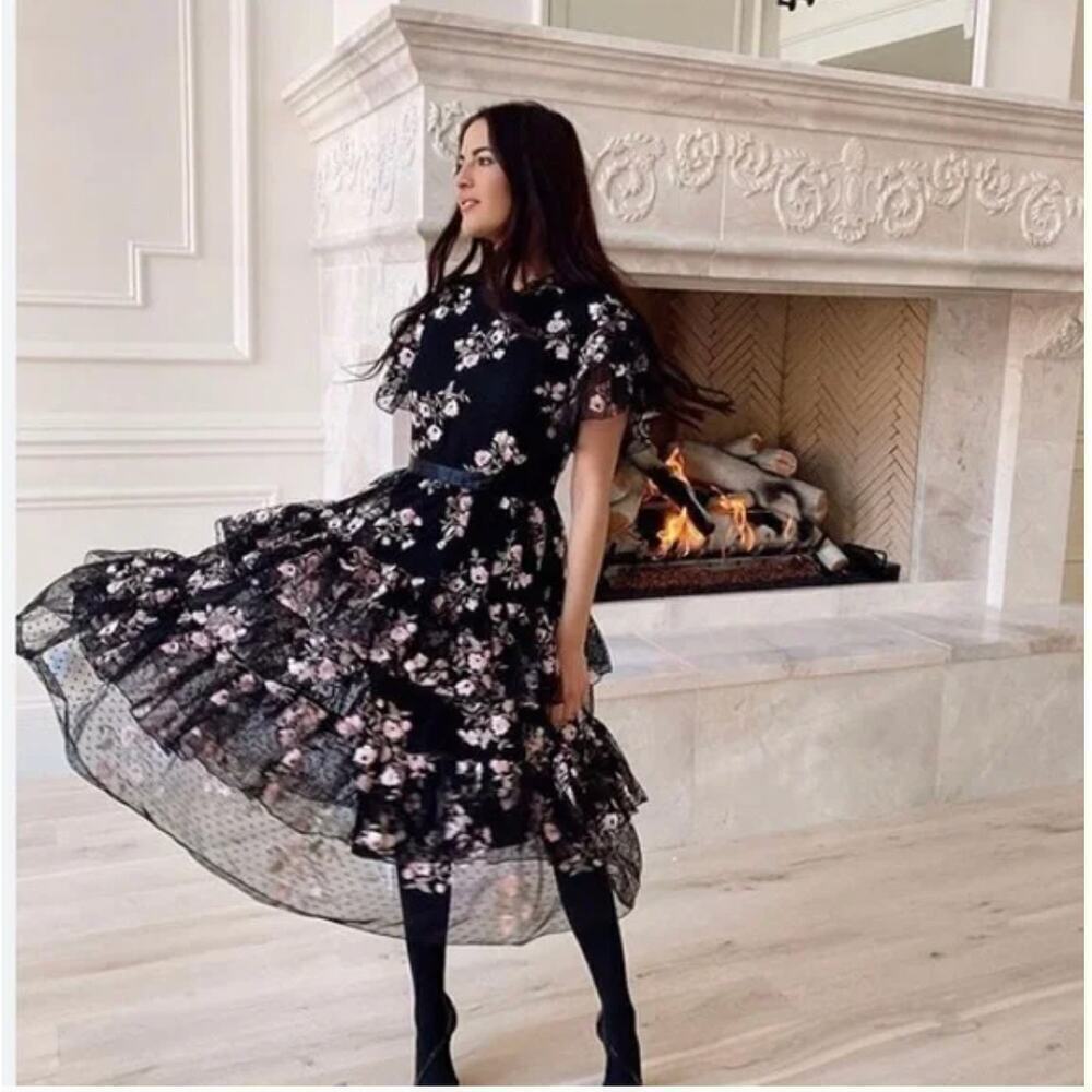 EUC Rachel Parcell Black Floral Embroidered Tiered Mesh Dress